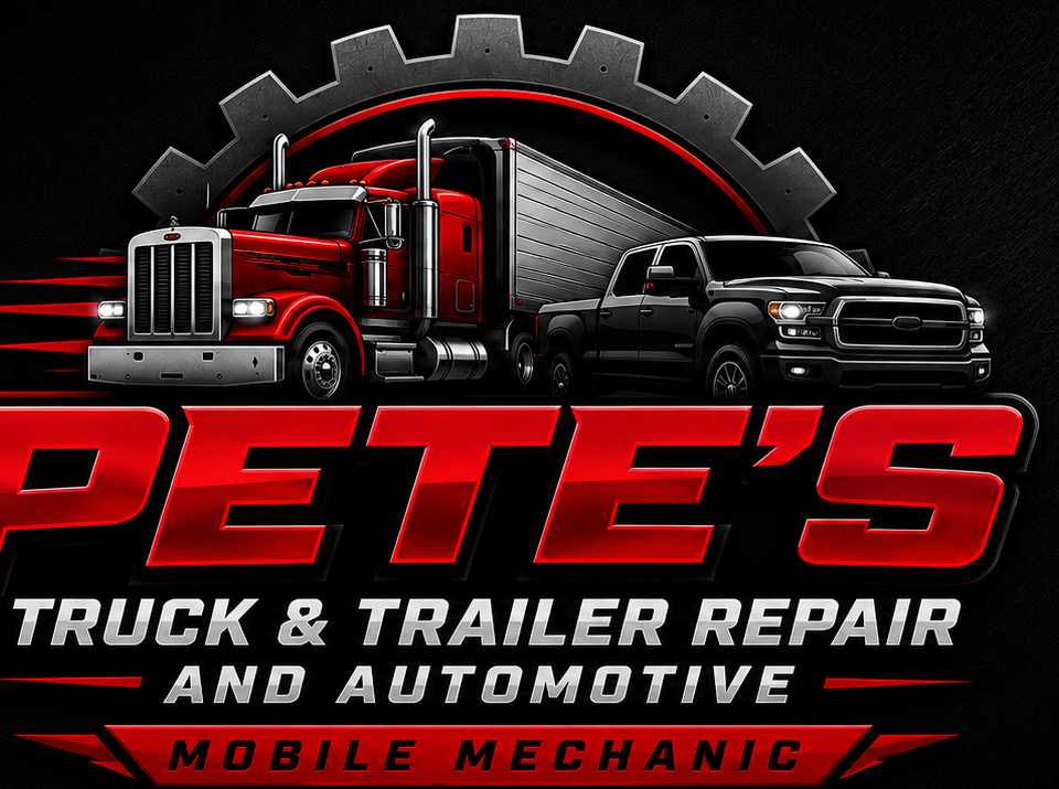 Pete's Truck & Trailer Repair logo featuring a semi truck, trailer and pickup