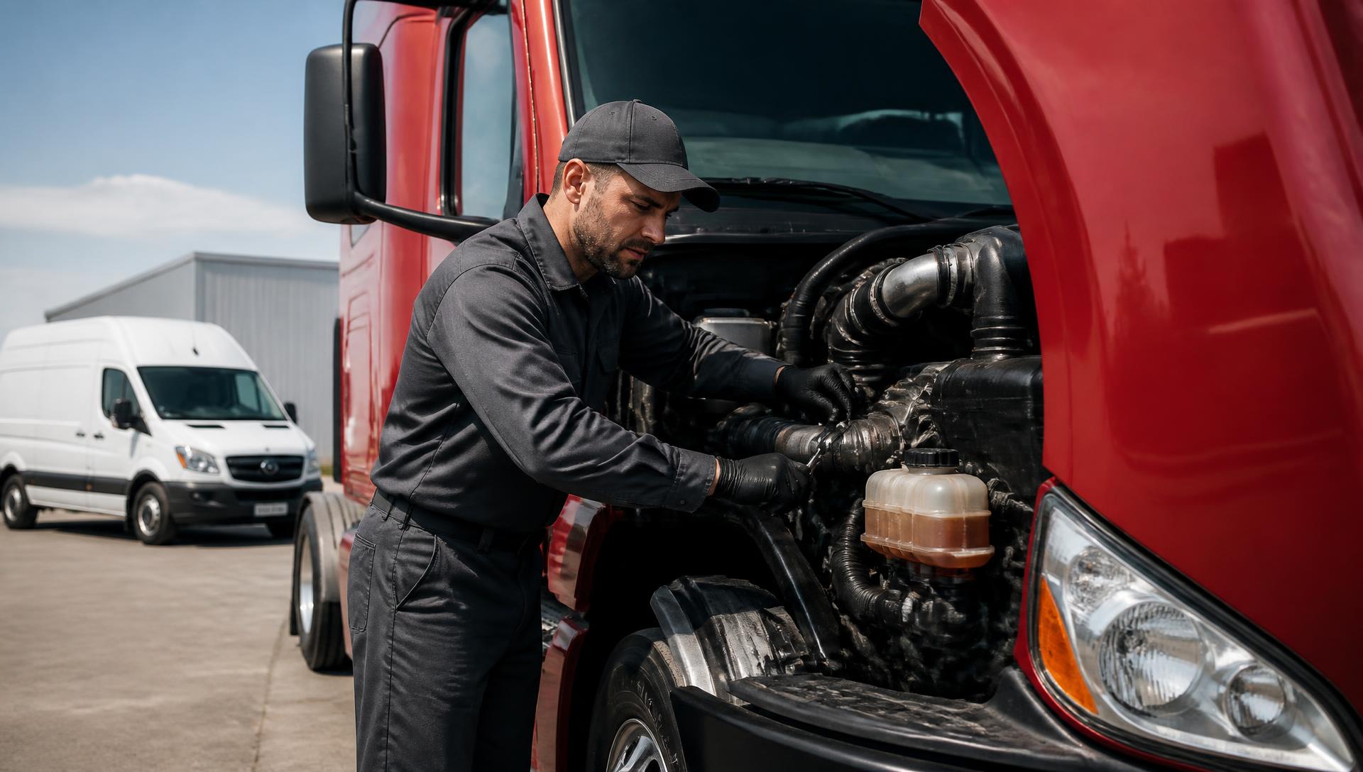 Mobile diesel mechanic repairing a semi truck engine on location